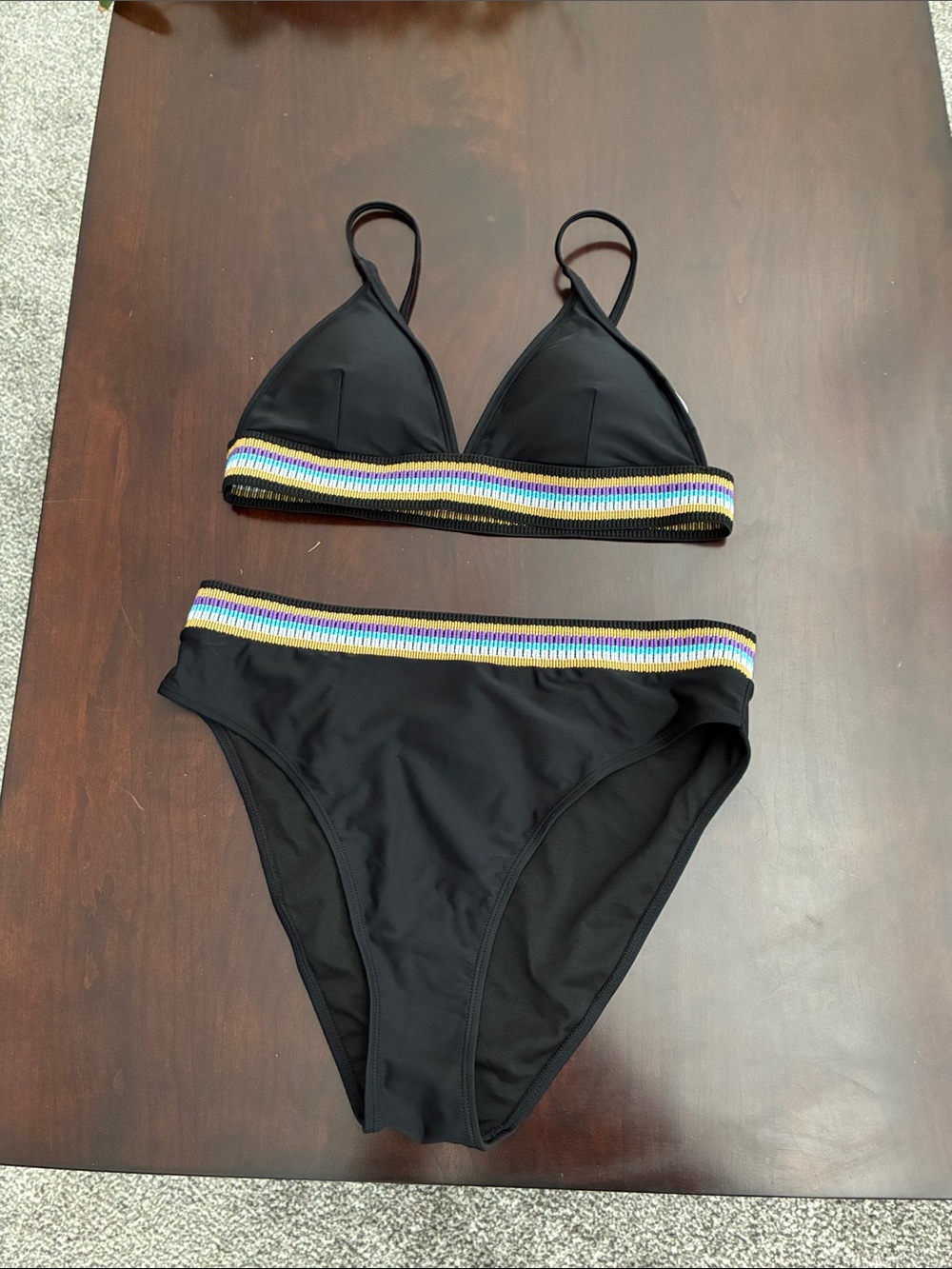 Black Two-Piece high waisted with Multicolor Striped Trim